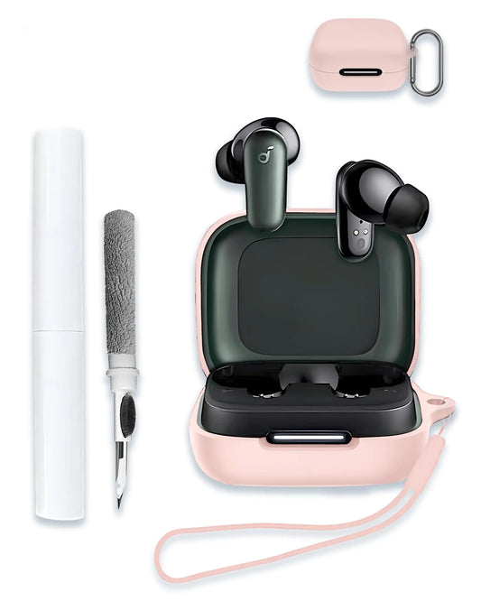 Case for Soundcore by Anker P30i Earbuds Soft Silicone Protective Portable Scratch Shock Resistant Hard Shell with Cleaner Kit & Carabiner & LanyardPink