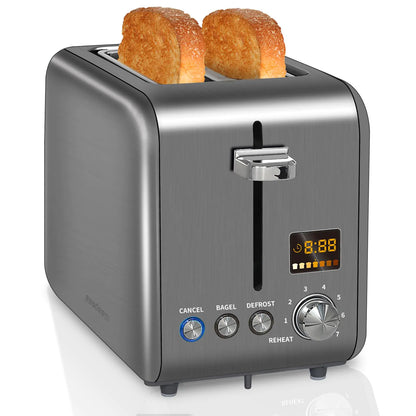 SEEDEEM Toaster 2 Slice Stainless Steel Bread Toaster LCD Display 7 Bread Shade Settings 1.4 Wide Slots Toaster Bagel/Defrost/Reheat Functions Removable Crumb Tray 900W Dark Metallic