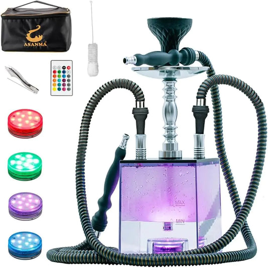 2 Hose Hookah Set with Travel Case Cleaning Brush ASANMA Micro Cube Acrylic Hookah with Silicone Bowl Coal Tongs Magical Remote LED Light for Better Shisha Narguile Smoking