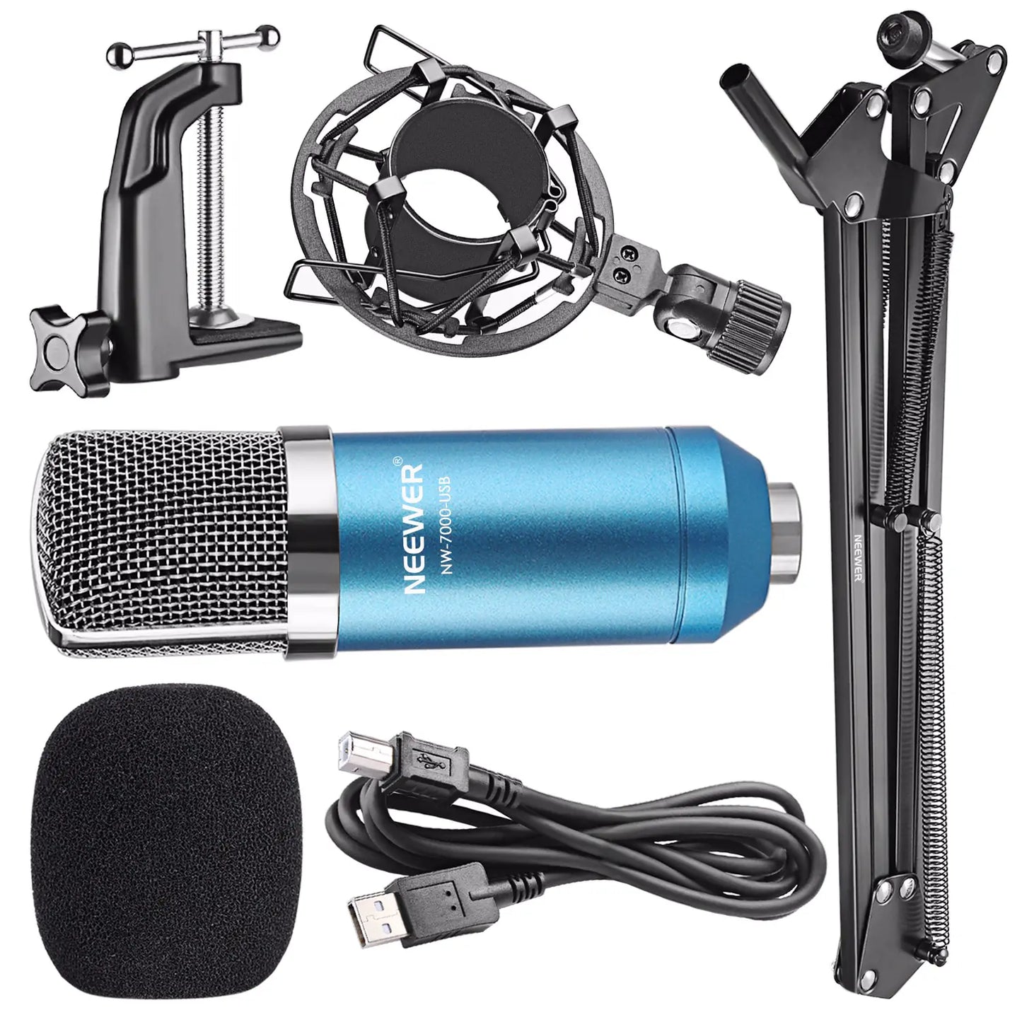 Microphone Set with Blue Stand, Connects to Computer
