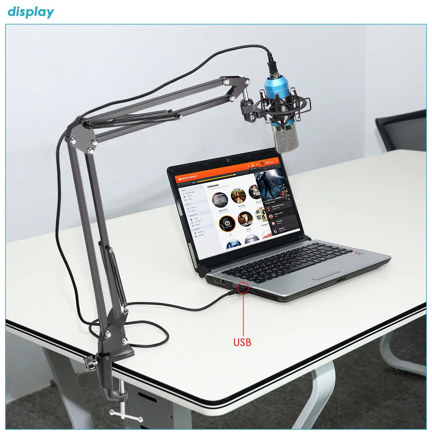 Microphone Set with Blue Stand, Connects to Computer