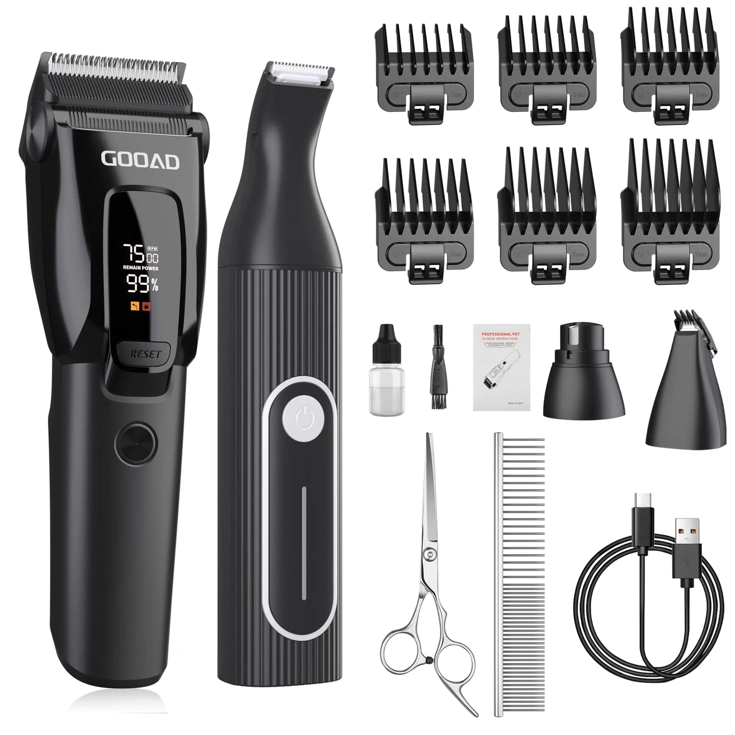 Gooad Dog Grooming Clippers for Thick Coats 3-Speed Professional Cordless Quiet Dog Clippers for Grooming with Metal Blades and Pet Hair Clippers for Dogs Paws Low Noise Pet Grooming Kit