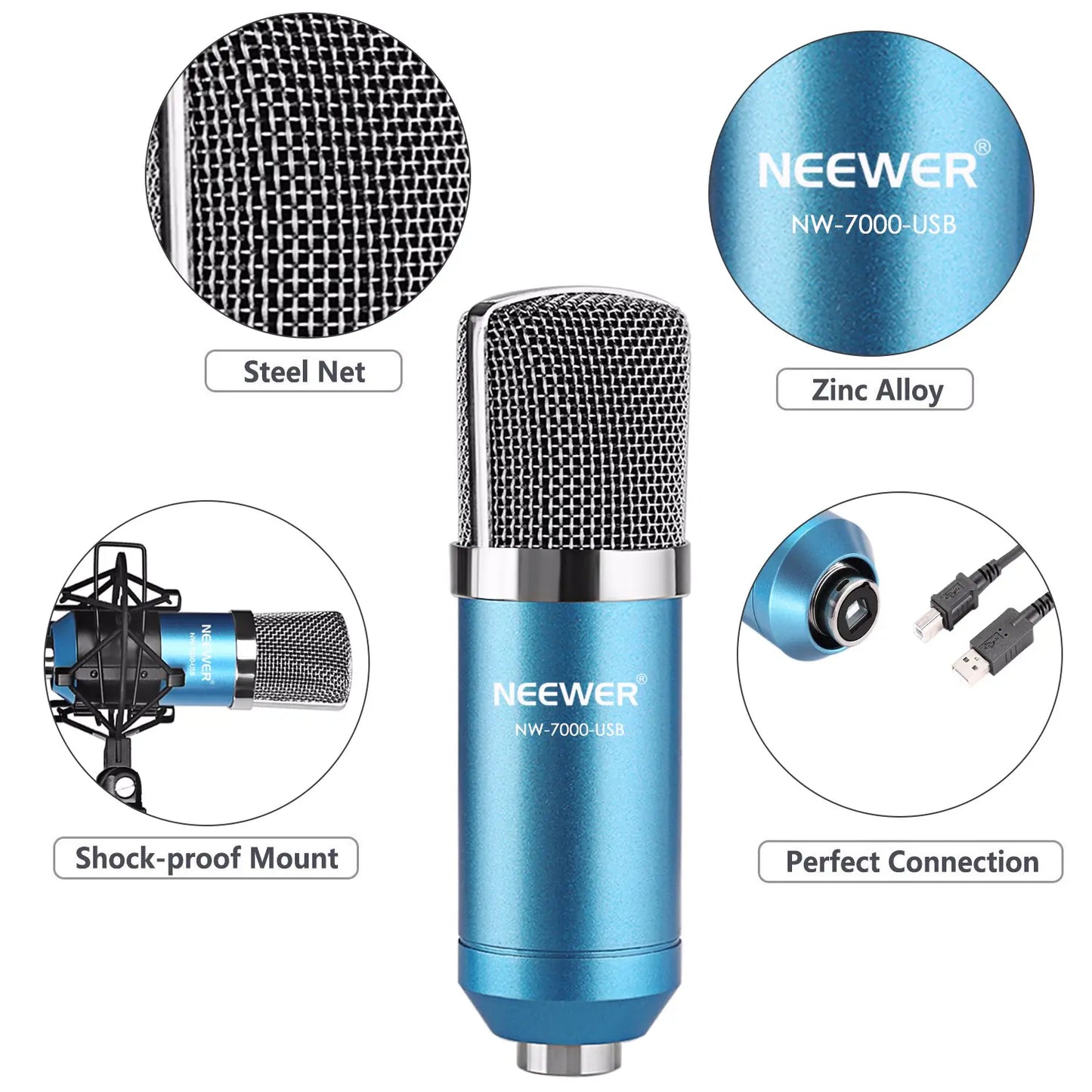 Microphone Set with Blue Stand, Connects to Computer